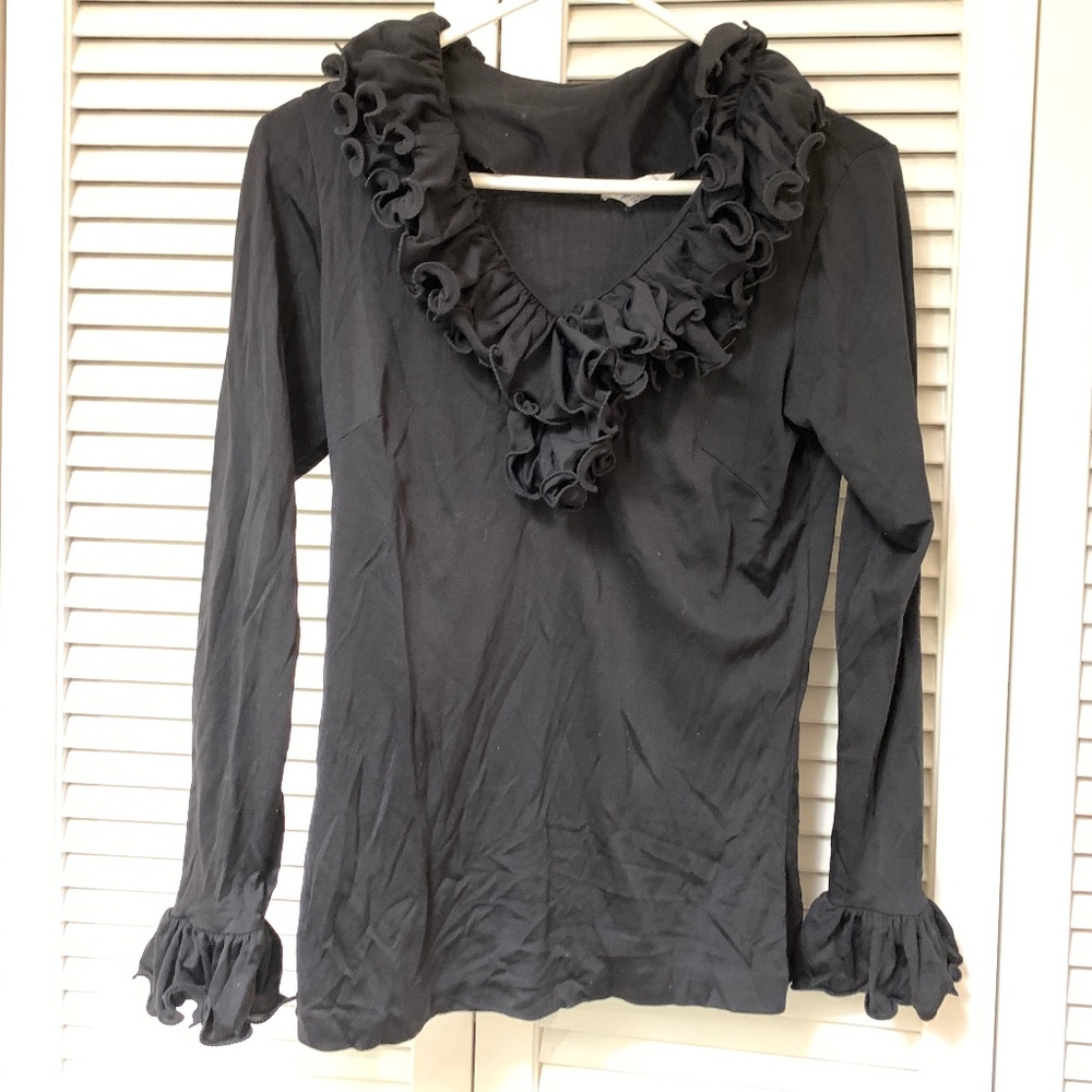Vintage 1970s V-Neck Long Sleeve Nylon Blouse Sculptured Ruffle Mardi Modes NY